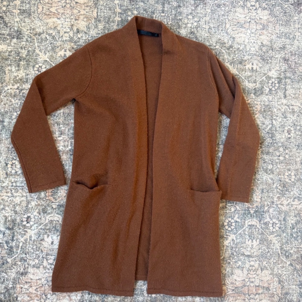 Jenni Kayne 100% Cashmere Open Front Longline Cardigan Brown XS 37-7387-D21
